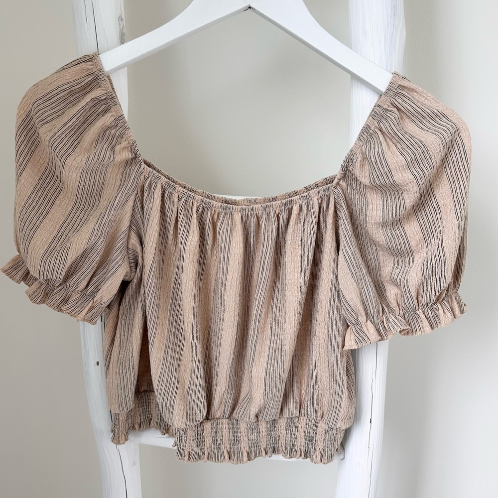 H&M Beige Puff Sleeves Off Shoulder Crop Top SZ S